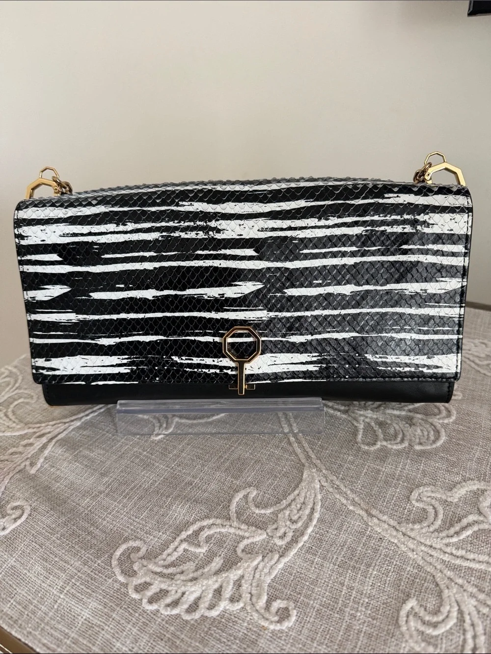 Louise et Cie Zebra Stripe Embossed/Leather Black & White Bag with Chain Strap
